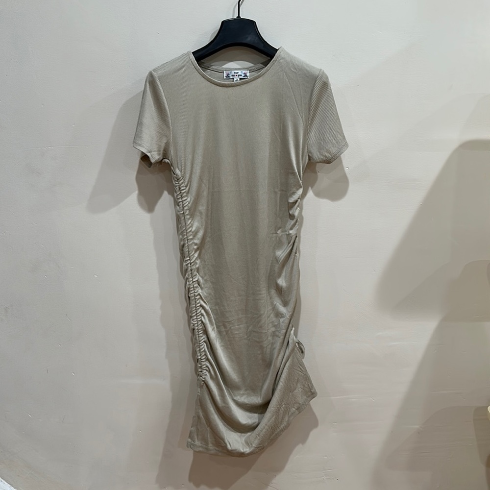 Forever 21 Poof Women’s Ruched Drawstring T-Shirt Dress Bodycon Tibbed Taupe M - Picture 6 of 9